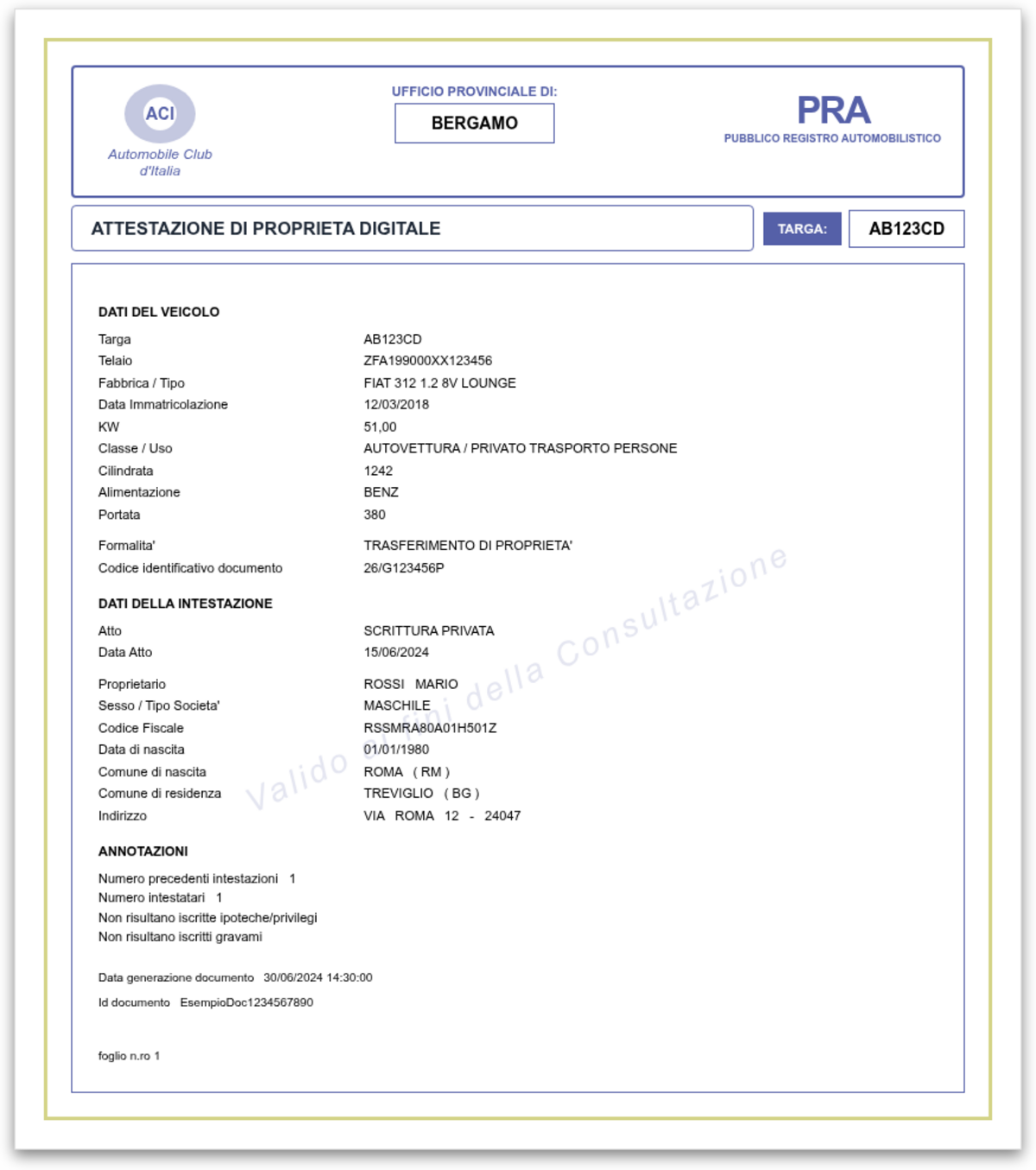 Esempio del documento generato dal sistema