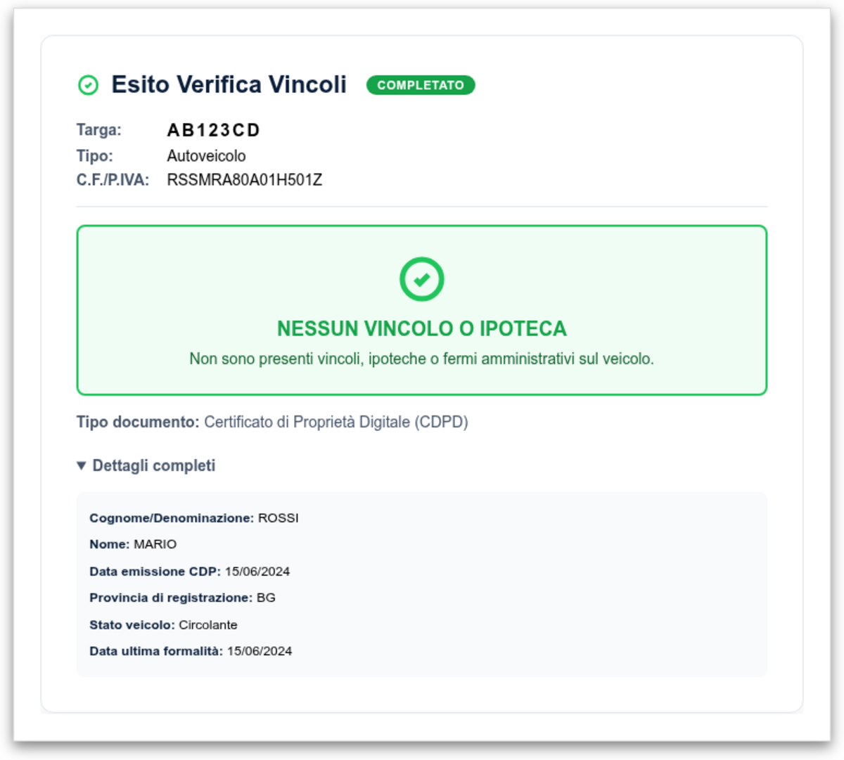 Esempio del documento generato dal sistema
