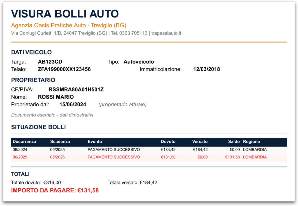 Esempio PDF Visura Bolli generato dal sistema