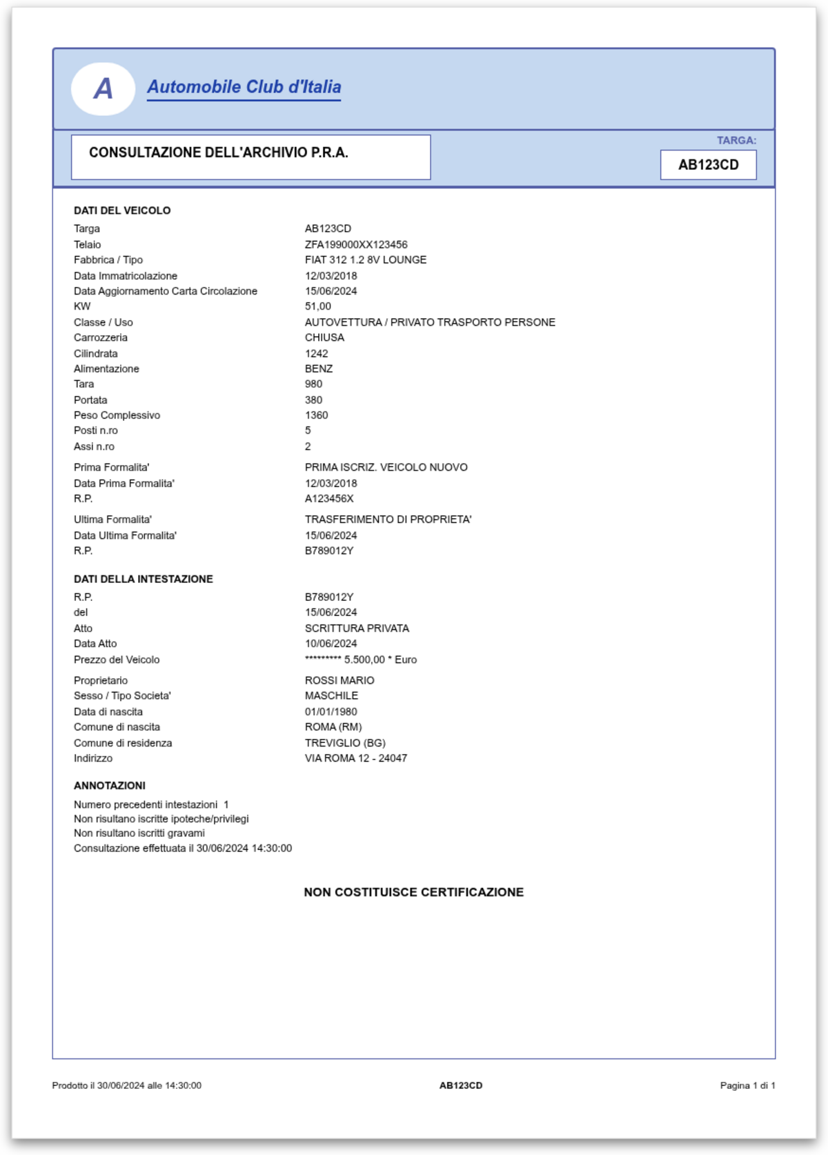 Esempio del documento generato dal sistema